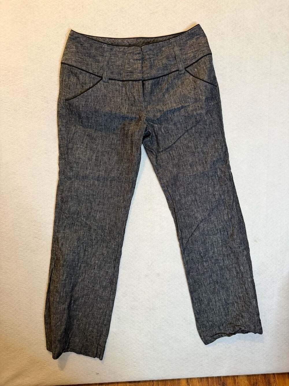 iz California Charcoal Grey Linen Cotton Blend Pants with Contrast Piping
